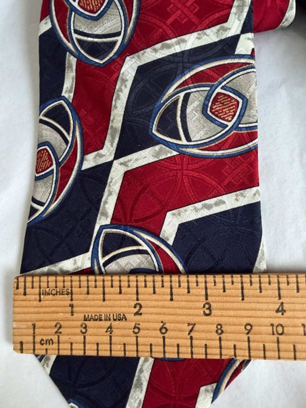Geoffrey Beene Red, Navy and Silver Geometric Silk Tie - Picture 2 of 6